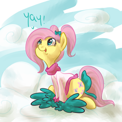 Size: 1000x1000 | Tagged: safe, artist:ponygoggles, fluttershy, pegasus, pony, alternate hairstyle, bow, cheerleader, cheerleader outfit, clothes, cloud, cloudy, cute, cutie mark, female, hooves, mare, on a cloud, open mouth, pom pom, ponytail, ponytails, shyabetes, sitting, sitting on cloud, solo, tail bow, wings, yay