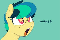 Size: 1063x721 | Tagged: safe, artist:shinodage, oc, oc only, oc:apogee, pegasus, pony, amazed, bust, dialogue, female, filly, green background, open mouth, reaction image, simple background, solo, starry eyes, stars, wingding eyes, wow