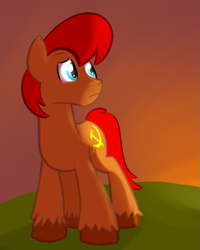 Size: 535x668 | Tagged: safe, artist:cosmonaut, artist:goat train, derpibooru import, oc, oc only, oc:cosmonaut, earth pony, pony, hammer and sickle, male, sad, solo, stallion, unshorn fetlocks