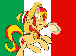 Size: 1280x948 | Tagged: safe, artist:sunsetshimmerreallyhatesyou, sunset shimmer, pony, flag, food, hat, sombrero charro, taco, tumblr, unicorns