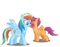 Size: 1601x1275 | Tagged: safe, artist:v-d-k, rainbow dash, scootaloo, pegasus, pony, blushing, female, filly, kissing, lesbian, mare, mare on filly, scootadash, shipping, simple background, spread wings, surprise kiss, surprised, transparent background, wingboner, wings