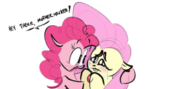 Size: 1653x865 | Tagged: safe, artist:hattsy, fluttershy, pinkie pie, earth pony, pegasus, pony, blushing, bust, crying, dialogue, duo, eye contact, female, floppy ears, frown, heck, hug, lidded eyes, lip bite, looking at each other, mare, open mouth, sad, simple background, smiling, wat, white background