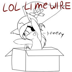 Size: 1280x1279 | Tagged: safe, artist:freefraq, oc, bat pony, pony, bandana, bat pony oc, box, eeee, eyepatch, flag, lazytown, limewire, lineart, pirate, pony in a box, skull, you are a pirate