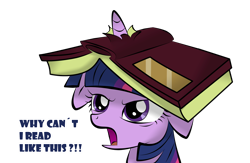 Size: 2026x1323 | Tagged: safe, artist:v-d-k, twilight sparkle, unicorn twilight, pony, unicorn, angry, annoyed, book, cute, female, floppy ears, frown, glare, grumpy, horn impalement, madorable, mare, open mouth, simple background, solo, text, transparent background, twiabetes