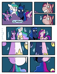 Size: 1280x1656 | Tagged: safe, artist:goat train, princess cadance, princess celestia, princess luna, twilight sparkle, twilight sparkle (alicorn), oc, oc:king speedy hooves, alicorn, pony, comic:fusing the fusions, alicorn tetrarchy, comic, commissioner:bigonionbean, fusion, fusion:king speedy hooves, glare, grin, hoof shoes, horn, jewelry, quintet, regalia, smiling, smoke, sweat, wings, writer:bigonionbean