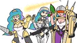 Size: 1280x720 | Tagged: safe, artist:mkogwheel, princess celestia, human, armor, breasts, cleavage, flashbang, humanized, lance, m16a4, magic, mecha, orbital bombardment, princess breastia, satellite, self paradox, triality, warrior, warrior celestia, weapon