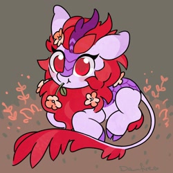 Size: 1800x1800 | Tagged: safe, artist:dawnfire, oc, oc only, oc:dawnfire, kirin, sounds of silence, abstract background, blush sticker, blushing, cute, female, floppy ears, kirin-ified, mouth hold, sitting, smiling, solo, species swap