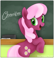 Size: 1045x1134 | Tagged: dead source, safe, artist:mn27, cheerilee, earth pony, pony, chalkboard, cheeribetes, cute, female, happy, looking at you, looking back, mare, photoshop, rearing, solo