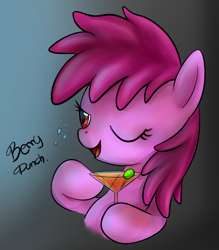 Size: 668x761 | Tagged: source needed, safe, artist:mn27, berry punch, berryshine, earth pony, pony, alcohol, blushing, drunk, female, glass, gradient background, mare, one eye closed, solo