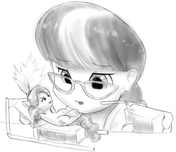 Size: 965x828 | Tagged: safe, artist:alloyrabbit, diamond tiara, silver spoon, earth pony, pony, equestria girls, fan, feather, glasses, juice, juice box, micro, missing accessory, monochrome, open mouth, size difference, straw, tiny ponies