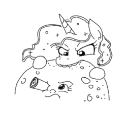 Size: 341x305 | Tagged: safe, artist:jargon scott, princess luna, alicorn, pony, a trip to the moon, attempted vore, bullet, edible heavenly object, female, mare, monochrome, moon, nom, simple background, tangible heavenly object, white background