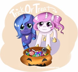 Size: 969x899 | Tagged: safe, artist:musapan, princess celestia, princess luna, alicorn, pony, :3, blushing, candy, cewestia, cute, cutelestia, female, filly, foal, lollipop, looking at you, nightmare night, pink-mane celestia, trick or treat, woona