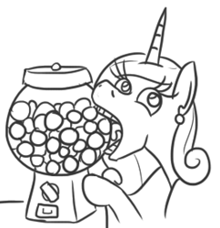 Size: 524x541 | Tagged: safe, artist:jargon scott, princess cadance, alicorn, pony, gumball machine, lineart, majestic as fuck, monochrome, nom, wat