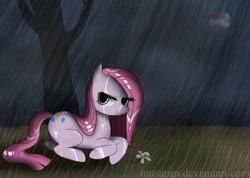 Size: 1067x759 | Tagged: safe, artist:musapan, pinkie pie, earth pony, pony, female, flower, mare, pinkamena diane pie, prone, rain, solo, tree, wet mane