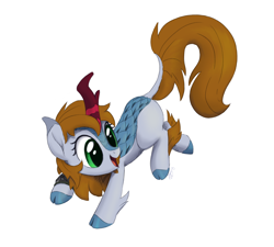 Size: 1400x1260 | Tagged: safe, artist:brisineo, edit, oc, oc:littlepip, kirin, fallout equestria, sounds of silence, cloven hooves, colored sketch, fanfic, fanfic art, female, hooves, horn, kirin-ified, leaping, open mouth, pipbuck, prancing, simple background, smiling, solo, species swap, white background