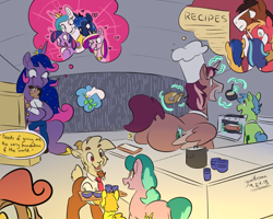 Size: 2000x1600 | Tagged: safe, artist:goat train, big macintosh, flash sentry, princess cadance, princess celestia, princess luna, shining armor, trouble shoes, twilight sparkle, twilight sparkle (alicorn), oc, oc:goatmod, oc:king speedy hooves, oc:queen galaxia, oc:tommy the human, alicorn, dove, earth pony, goat, human, pegasus, pony, unicorn, comic:fusing the fusions, alicorn tetrarchy, blushing, bread, commissioner:bigonionbean, cooking, cutie mark, food, fusion, fusion:king speedy hooves, fusion:queen galaxia, glowing horn, heart, horn, jewelry, kitchen, magic, olive branch, regalia, soup, speech bubble, thought bubble, wings