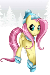 Size: 826x1235 | Tagged: safe, artist:musapan, fluttershy, pegasus, pony, boots, cap, female, hat, mare, snow, solo, winter