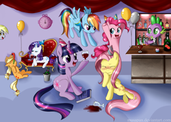 Size: 1984x1414 | Tagged: safe, artist:musapan, applejack, derpy hooves, fluttershy, pinkie pie, rainbow dash, rarity, spike, twilight sparkle, unicorn twilight, dragon, earth pony, pegasus, pony, unicorn, alcohol, balloon, blushing, book, clock, clothes, eyes closed, female, glass, magic, male, mane seven, mane six, mare, party, sofa, wine