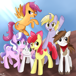 Size: 943x955 | Tagged: safe, artist:musapan, apple bloom, diamond tiara, dinky hooves, pipsqueak, scootaloo, sweetie belle, earth pony, pegasus, pony, unicorn, adult, bandana, cutie mark crusaders, female, hilarious in hindsight, male, mare, next six, older, older apple bloom, older diamond tiara, older dinky hooves, older pipsqueak, older scootaloo, older sweetie belle, scootaloo can fly, stallion