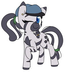 Size: 1280x1280 | Tagged: safe, artist:lockheart, oc, oc only, oc:carjack, zebra, female, hat, looking at you, mare, one eye closed, piercing, raised hoof, simple background, smiling, solo, transparent background, zebra oc