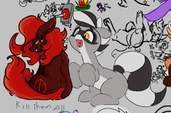 Size: 570x378 | Tagged: safe, artist:greyscaleart, artist:jargon scott, artist:lockheart, artist:pabbley, oc, oc only, oc:bandy cyoot, oc:oblivia, earth pony, pony, raccoon pony, fangs, female, floppy ears, grin, mare, open mouth, raised hoof, sitting, sketch, sketch dump, smiling, text