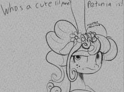 Size: 1252x927 | Tagged: safe, artist:cosmonaut, derpibooru import, petunia petals, oc, oc:anon, freckles, head pat, monochrome, pat, solo