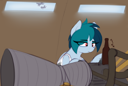 Size: 1914x1292 | Tagged: safe, artist:shinodage, oc, oc only, oc:delta vee, pegasus, pony, bottle, clothes, delta vee's junkyard, female, mare, rocket engine, rocketdyne lr-79, shirt, solo, working