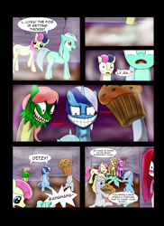Size: 2550x3509 | Tagged: dead source, safe, artist:reikomuffin, bon bon, carrot top, derpy hooves, golden harvest, lyra heartstrings, minuette, pinkie pie, sweetie drops, earth pony, pegasus, pony, unicorn, bait and switch, clothes, comic, costume, female, haunted house, high res, mare, muffin, pinkamena diane pie