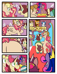 Size: 1280x1656 | Tagged: safe, artist:goat train, cheese sandwich, donut joe, fancypants, soarin', oc, oc:king calm merriment, oc:king speedy hooves, oc:queen galaxia, oc:queen motherly morning, alicorn, earth pony, pegasus, pony, unicorn, comic:fusing the fusions, clothes, comic, commissioner:bigonionbean, female, fusion, fusion:king calm merriment, fusion:king speedy hooves, fusion:queen galaxia, fusion:queen motherly morning, jewelry, male, regalia, smiling, the ass was fat, thought bubble, writer:bigonionbean