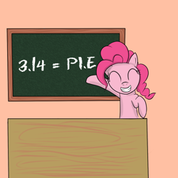 Size: 1000x1000 | Tagged: dead source, safe, artist:reikomuffin, pinkie pie, earth pony, pony, chalkboard, eyes closed, female, happy, mare, math, pi, pinkie pi, pun, smiling, solo