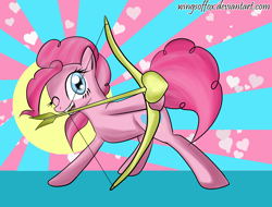 Size: 1446x1098 | Tagged: dead source, safe, artist:reikomuffin, pinkie pie, earth pony, pony, abstract background, arrow, bow (weapon), cupid, female, heart, mare, mouth hold, one eye closed, solo, weapon