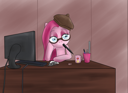 Size: 1849x1338 | Tagged: dead source, safe, artist:reikomuffin, applejack, pinkie pie, earth pony, pony, beret, computer, desk, eraser, female, glasses, hat, mare, mouth drawing, mouth hold, mug, pen, pinkamena diane pie