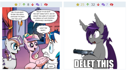 Size: 630x347 | Tagged: safe, artist:andypriceart, artist:replica, edit, editor:symphonic sync, idw, princess cadance, shining armor, twilight velvet, oc, oc:nolegs, bat pony, pony, unicorn, neigh anything, spoiler:comic11, bat pony oc, comics, delet this, derpibooru, dialogue, female, freudian slip, gun, juxtaposition, male, meme, meta, shiningcadance, shipping, shutterstock, simple background, straight, weapon, white background