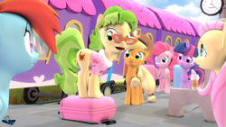 Size: 3840x2160 | Tagged: safe, artist:beardeddoomguy, artist:hooves-art, applejack, chickadee, fluttershy, ms. peachbottom, pinkie pie, rainbow dash, twilight sparkle, earth pony, pegasus, pony, unicorn, collaboration, 3d, 4k, day, female, glasses, high res, mare, source filmmaker