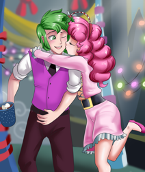 Size: 1738x2048 | Tagged: safe, artist:thebrokencog, pinkie pie, spike, human, best gift ever, clothes, commission, cup, cute, female, hearth's warming, holly, holly mistaken for mistletoe, hot chocolate, humanized, kissing, male, mistleholly, one eye closed, open mouth, pants, pinkiespike, raised leg, shipping, straight, twilight's castle, whipped cream