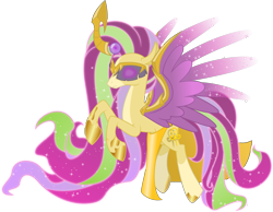 Size: 5155x4000 | Tagged: safe, artist:tentavamp, oc, oc only, oc:serendipity, absurd resolution, artificial wings, augmented, blindfold, clothes, colorful, destiny, floating, flowing mane, flying, glitter, glow, glowing eyes, goddess, gold, horn, magic, magic wings, mythology, simple background, solo, space, sparkles, stars, transparent background, vector, wings