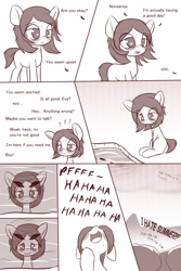 Size: 1280x1920 | Tagged: safe, artist:an-m, oc, oc only, oc:genoveva, earth pony, pony, comic, dialogue, female, lake, leaf, mare, monochrome, reflection, sweat, text, water