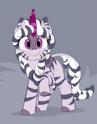 Size: 1039x1322 | Tagged: safe, artist:shinodage, oc, oc only, oc:zala, kirin, zebra, sounds of silence, cloven hooves, cute, female, kirin oc, kirin-ified, ocbetes, simple background, smiling, solo, species swap, stripes, zebra kirin, zebra oc