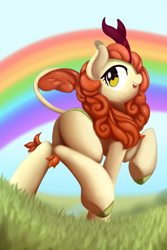 Size: 1500x2250 | Tagged: safe, artist:rockset, autumn blaze, kirin, sounds of silence, female, grass, looking back, plot, rainbow, raised hoof, smiling, solo