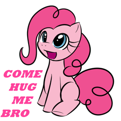 Size: 700x700 | Tagged: source needed, safe, artist:kloudmutt, pinkie pie, earth pony, pony, artifact, bronybait, come at me bro, come hug me bro, cute, dialogue, diapinkes, female, filly, hug, mare, simple background, sitting, solo, talking, white background