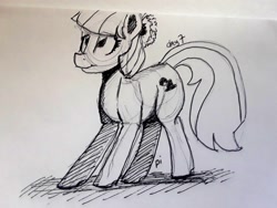 Size: 1030x773 | Tagged: safe, artist:post-it, coco pommel, earth pony, pony, female, ink drawing, inktober, looking up, mare, missing accessory, monochrome, simple background, sketch, smiling, solo, traditional art, white background