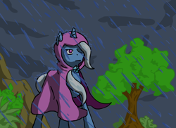 Size: 550x400 | Tagged: safe, artist:neyonic, trixie, pony, unicorn, cloak, clothes, female, mare, rain, solo, tree