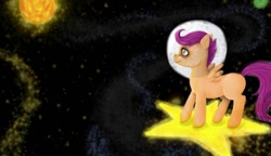 Size: 1280x737 | Tagged: safe, artist:colorlesscupcake, scootaloo, pegasus, pony, astronaut, female, filly, moon, solo, space, sun