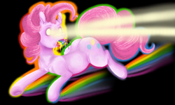 Size: 1098x663 | Tagged: safe, artist:colorlesscupcake, pinkie pie, earth pony, pony, eye beams, female, glowing eyes, mare, puking rainbows, rainbow, solo, vomit, vomiting, wat