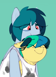 Size: 967x1319 | Tagged: safe, artist:shinodage, oc, oc only, oc:apogee, oc:delta vee, pegasus, pony, blue background, chest freckles, cuddling, cute, daaaaaaaaaaaw, diageetes, diaveetes, ear freckles, eye clipping through hair, eyebrows visible through hair, eyes closed, female, filly, floppy ears, freckles, happy, hnnng, mare, mother and child, mother and daughter, ocbetes, parent and child, shinodage is trying to murder us, simple background, smiling, weapons-grade cute