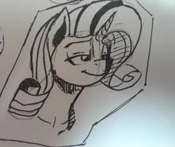 Size: 1280x1078 | Tagged: safe, artist:post-it, rarity, pony, unicorn, bust, female, ink drawing, inktober, lidded eyes, mare, monochrome, simple background, sketch, smiling, solo, traditional art, white background