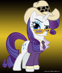 Size: 600x706 | Tagged: safe, artist:creepy-screw-ball, rarity, pony, unicorn, a pimp named slickback, clothes, female, glasses, gradient background, hat, mare, parody, pimp, solo, suit, the boondocks