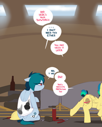 Size: 1280x1594 | Tagged: safe, artist:shinodage, oc, oc only, oc:apogee, oc:delta vee, pegasus, pony, blowtorch, clothes, delta vee's junkyard, dialogue, duo, female, filly, gloves, mare, mother and child, mother and daughter, parent and child, rocket engine, rocketdyne lr-79, shirt, sitting, speech bubble, tools