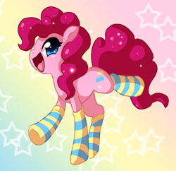 Size: 800x773 | Tagged: dead source, safe, artist:xnightmelody, pinkie pie, earth pony, pony, abstract background, adobe imageready, clothes, cute, diapinkes, female, happy, mare, open mouth, profile, socks, solo, stars, striped socks