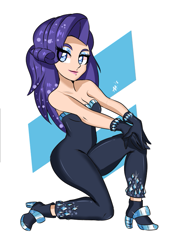 Size: 595x842 | Tagged: safe, artist:shelltoon, rarity, human, equestria girls, the other side, bare shoulders, breasts, cleavage, clothes, dress, eye clipping through hair, eyeshadow, female, gloves, high heels, humanized, lidded eyes, lipstick, makeup, sexy, shoes, skintight clothes, sleeveless, solo, strapless